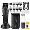 A black professional electric hair clipper grooming kit showing various guard sizes and the main body of the device.
