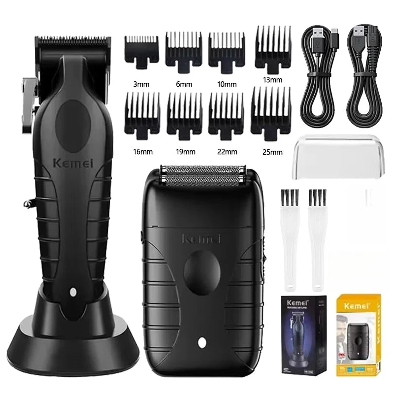 A black professional electric hair clipper grooming kit showing various guard sizes and the main body of the device.