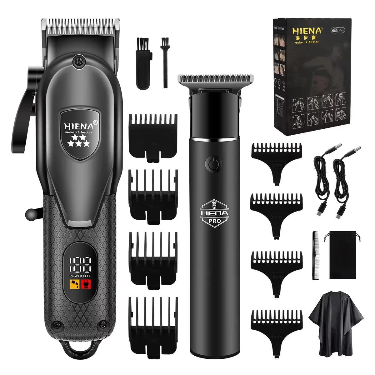 A black HIENA Pro electric hair clipper set showing various attachments and the main body.