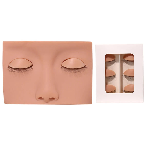 A realistic silicone mannequin head with natural skin tone and false eyelashes for practice.