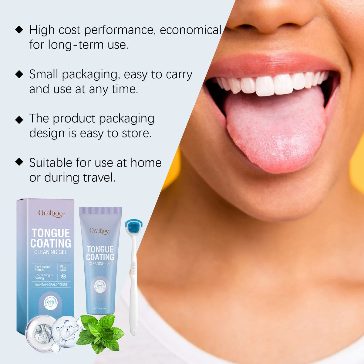 A close-up of a person's mouth showing white teeth and tongue, with the Oralhog tongue coating cleaning gel kit visible in th