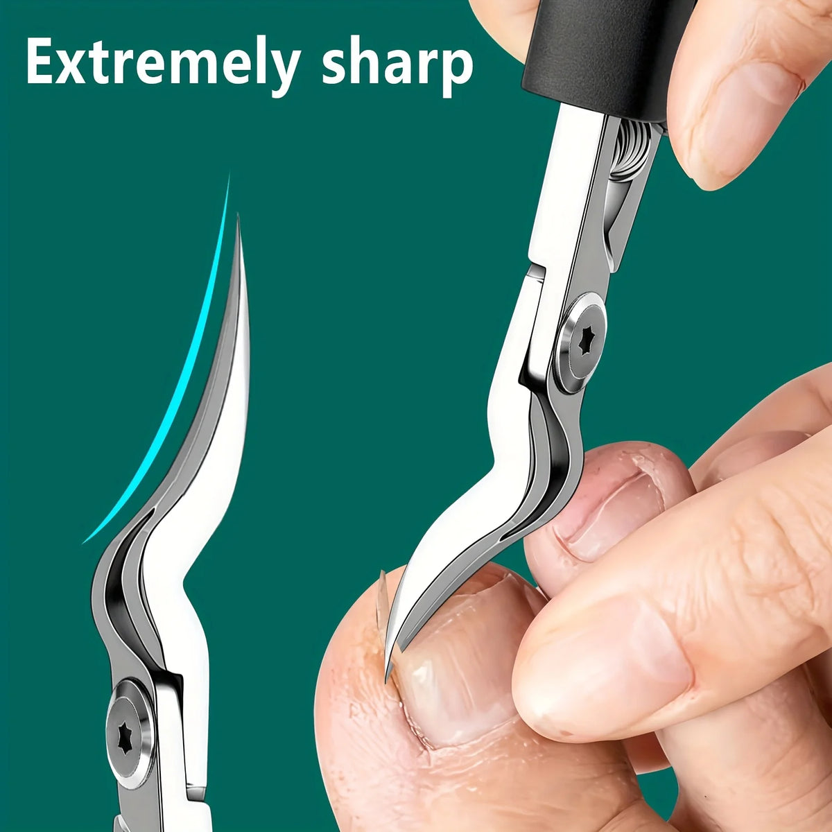 A hand holds a silver nail clipper, demonstrating its extremely sharp point for cutting thick toenails.