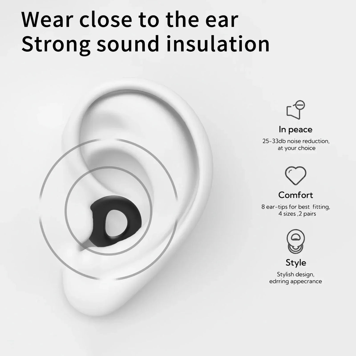 Gros plan d'un bouchon d'oreille en silicone blanc, montrant des caractéristiques d'isolation sonore et de confort.