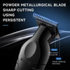 Close-up of a black cordless hair clipper showing a powder metallurgical blade and a ceramic moving knife.
