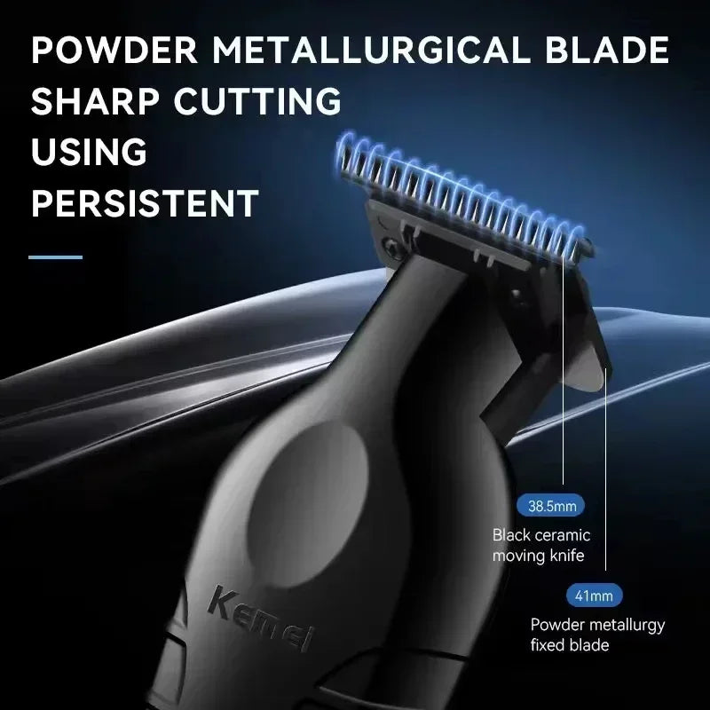 Close-up of a black cordless hair clipper showing a powder metallurgical blade and a ceramic moving knife.