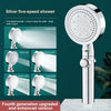 Silver five-speed shower head with various spray modes demonstrated on a white marble surface.