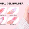 A hand holds a white bottle of multifunctional gel builder with various nail art options displayed around it.