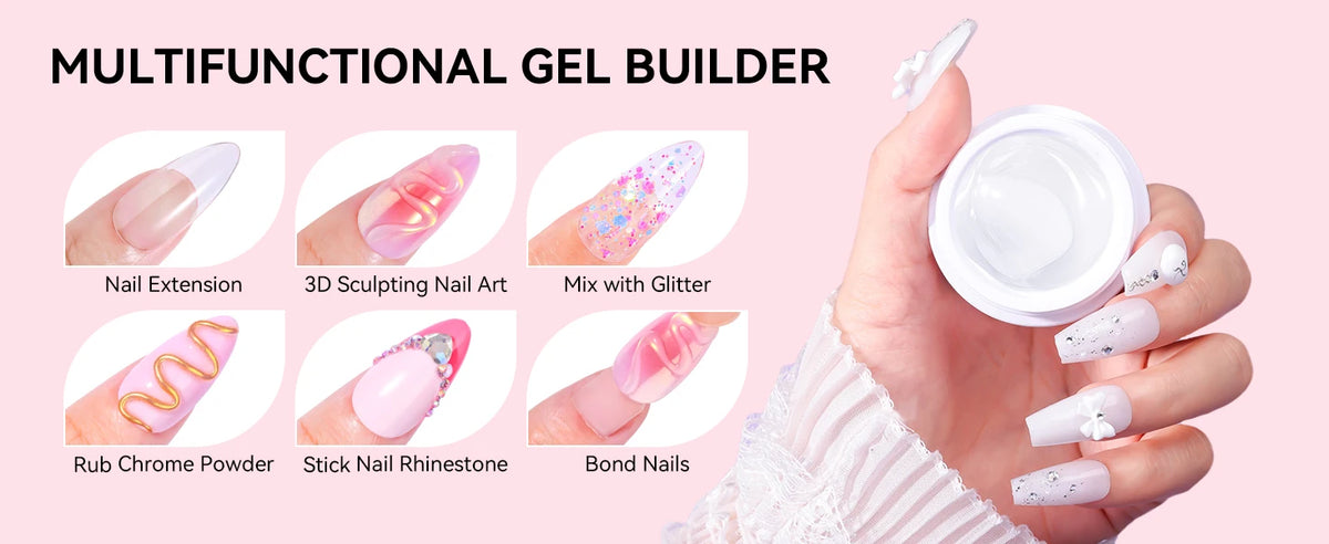 A hand holds a white bottle of multifunctional gel builder with various nail art options displayed around it.