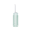 A portable cordless oral irrigator with a clear green body and a long, slender nozzle.