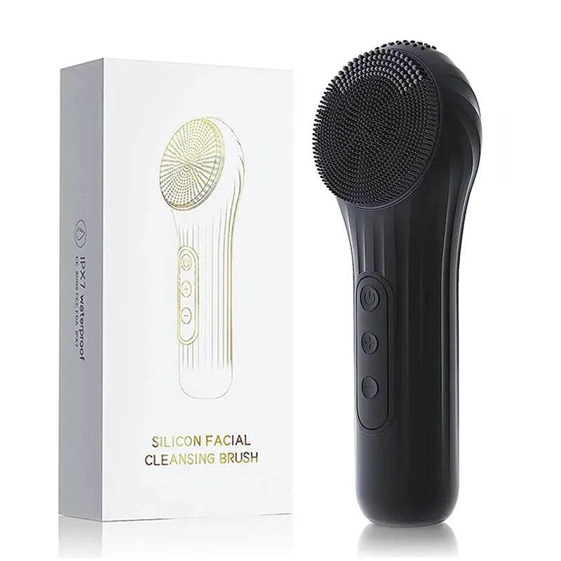 A black sonic waterproof facial cleansing brush is shown next to its white packaging box.