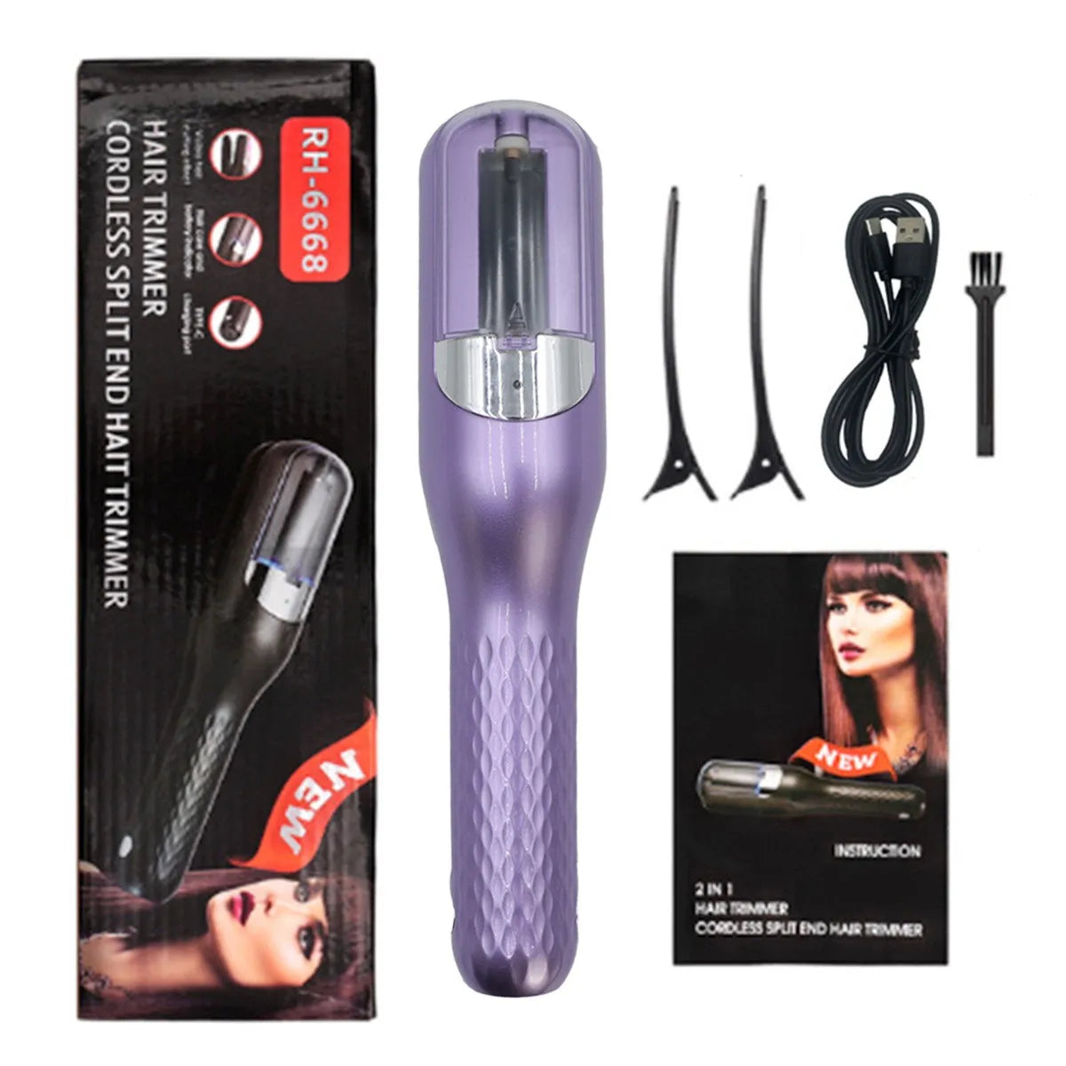 A purple cordless split end hair trimmer with a black charging cable and a separate trimmer head shown next to the packaging.