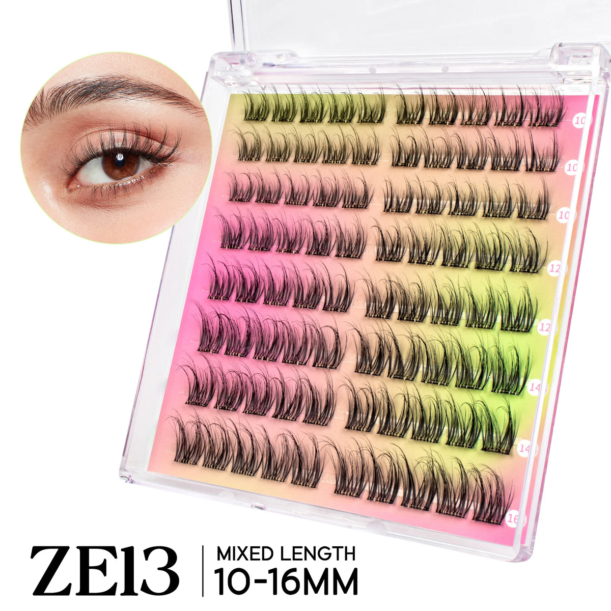 A box of ZE13 mixed length eyelash extensions in various shades of black and pink.