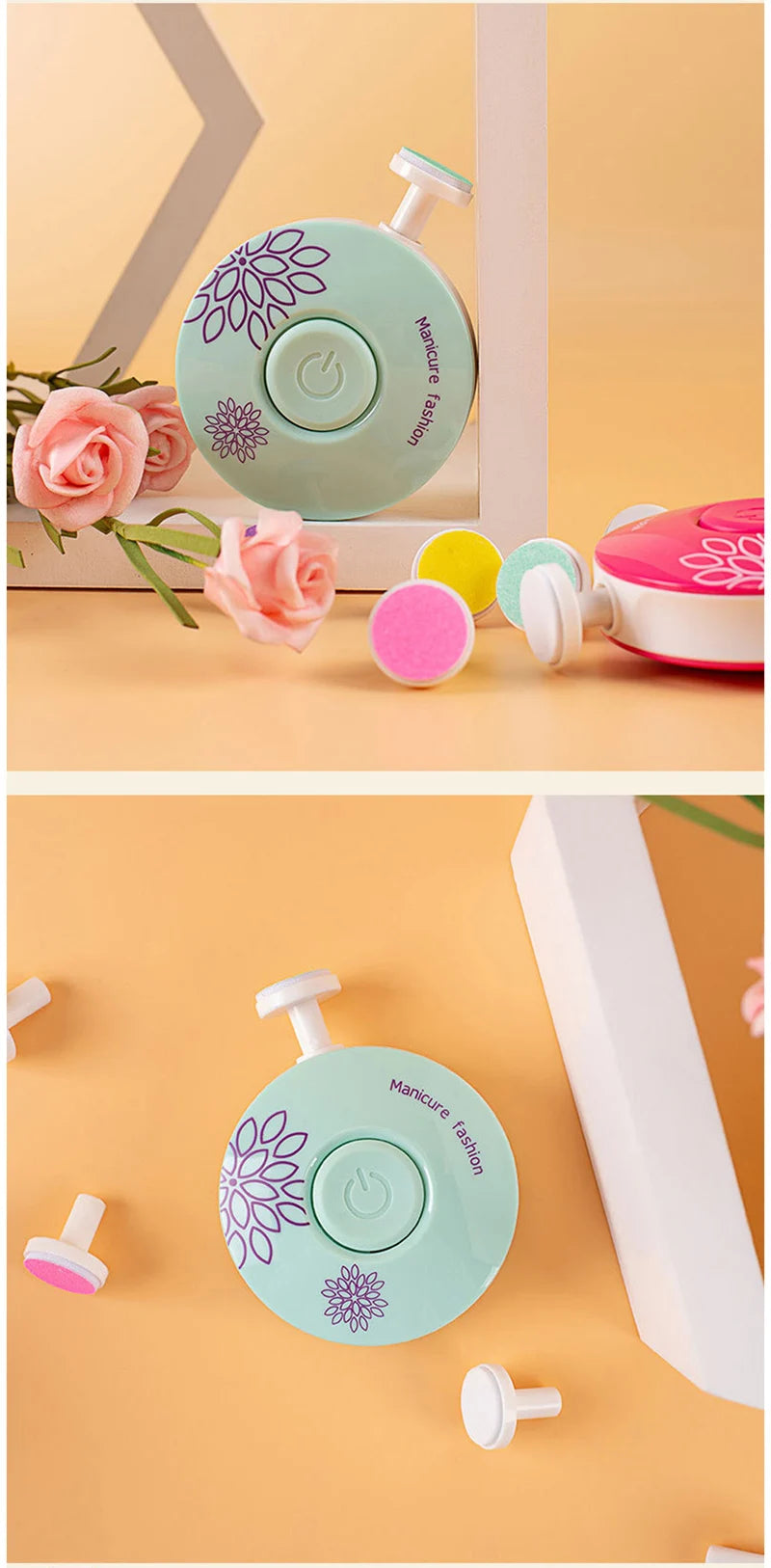 A light green electric baby nail trimmer with a flower design and various attachments is shown on a wooden surface.