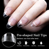 Close-up of a hand displaying pre-shaped nail tips for press-on nails with features like time-saving and long-lasting wear