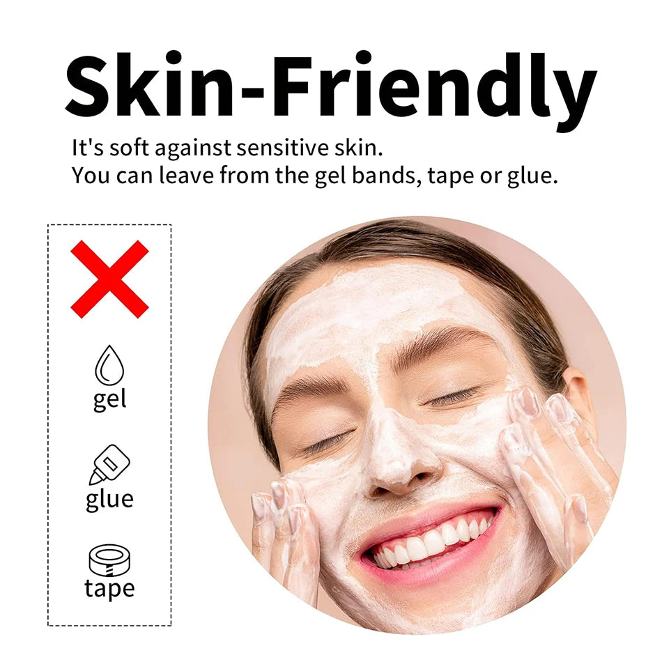 A woman is applying a white, skin-friendly gel or glue product to her face for a wig grip headband.