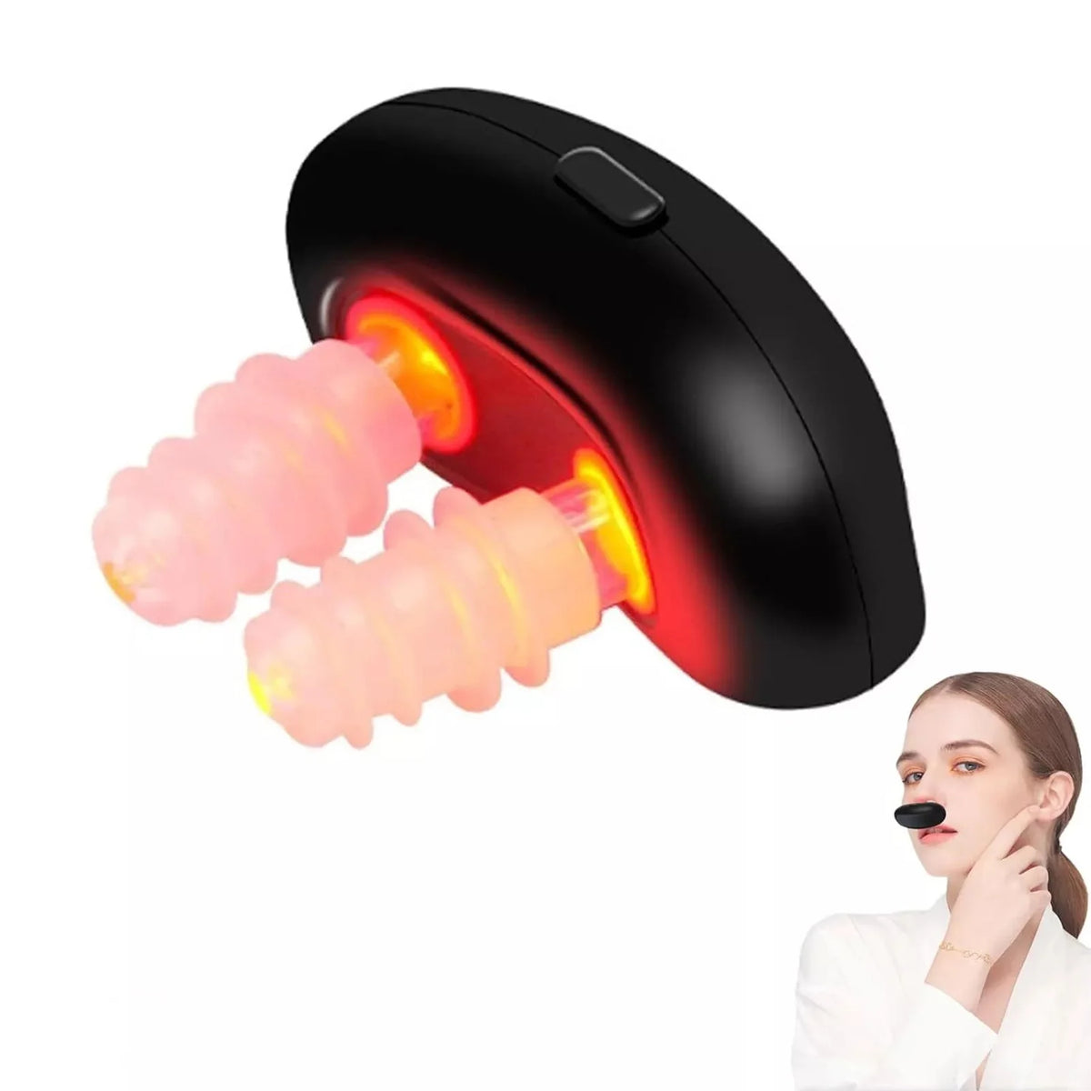 A black portable infrared nasal therapy device is shown with a pink silicone tip, being held near a woman's face.