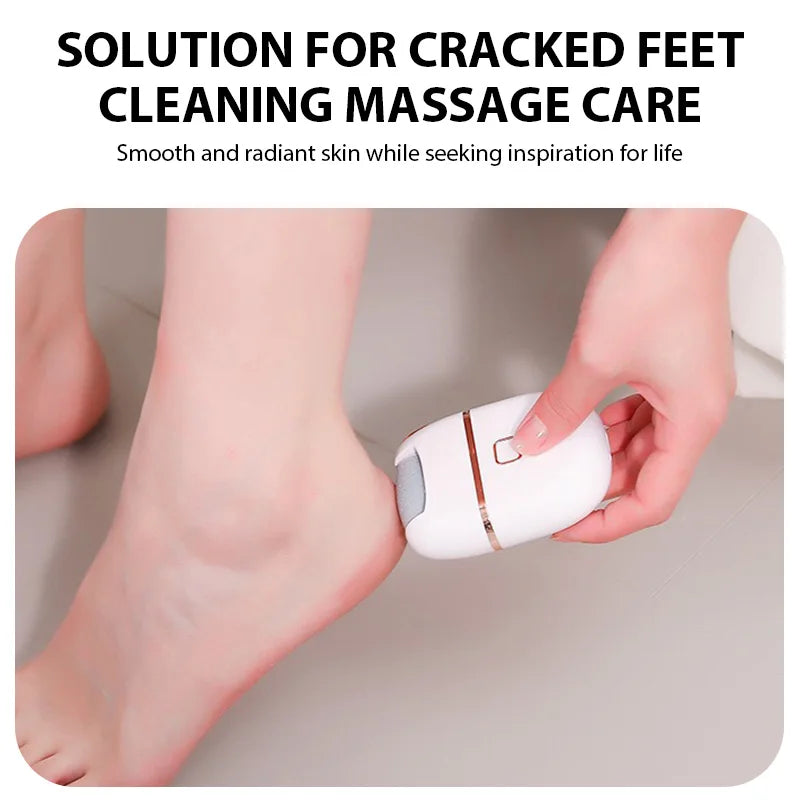 A hand is using a white electric foot grinder with a dual head to clean and massage the sole of a foot.