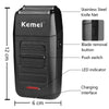 A black rechargeable electric shaver with a stainless steel knife net and various control buttons.