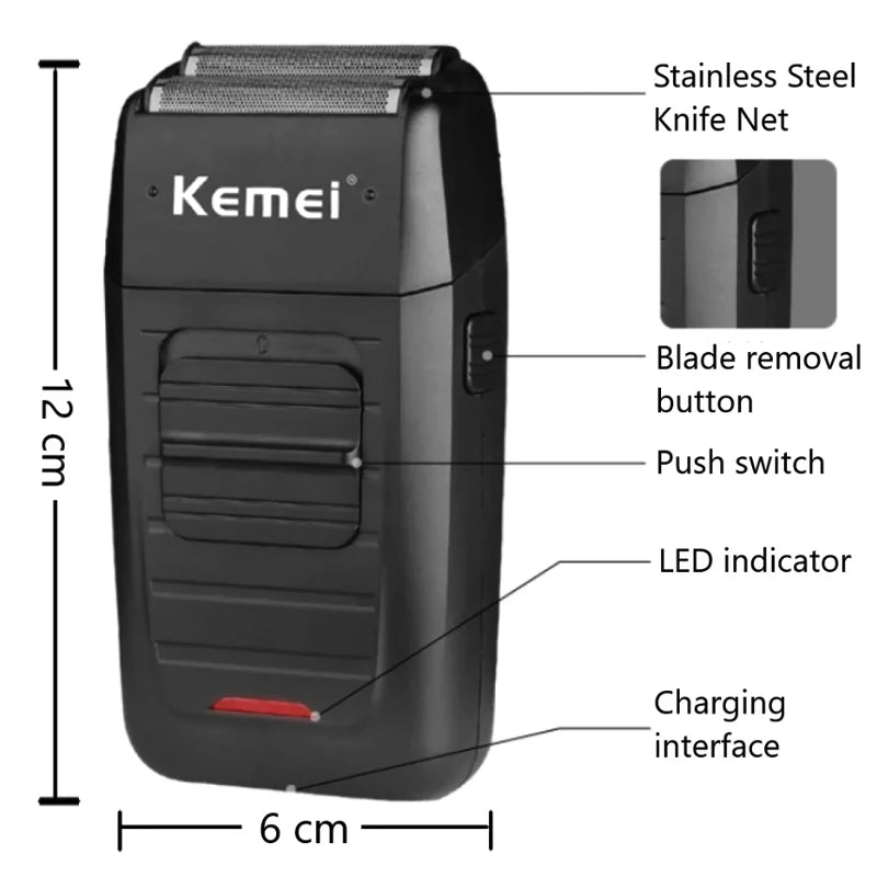 A black rechargeable electric shaver with a stainless steel knife net and various control buttons.