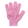 A pink exfoliating mitt for body massage, showing the palm and fingers.
