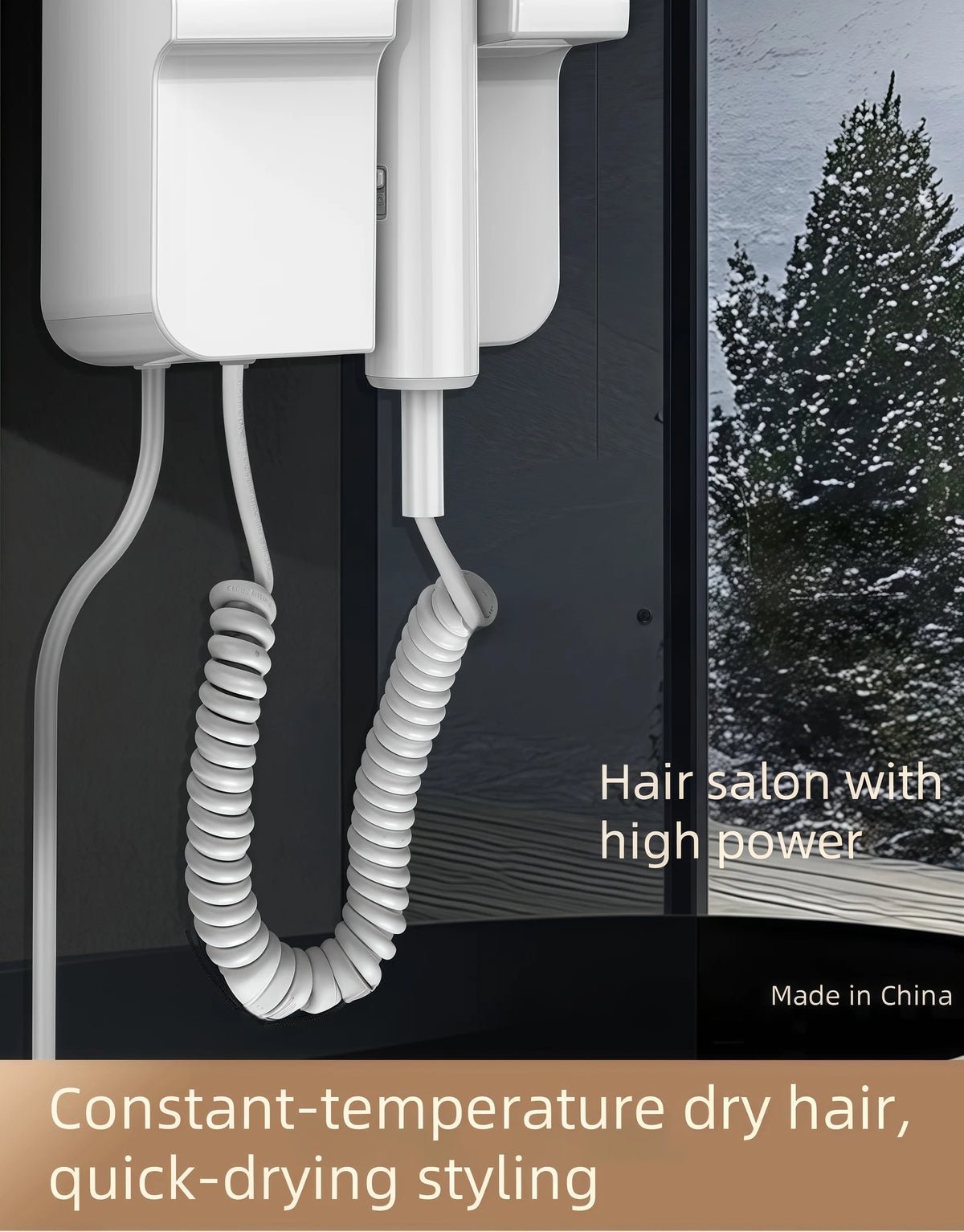 White professional wall-mounted hair dryer with a flexible cord shown against a dark background.