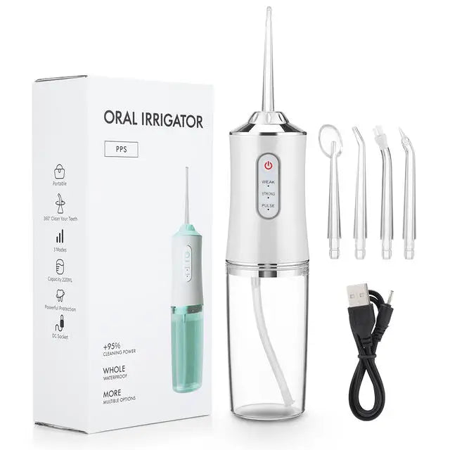 A white oral irrigator device with a clear water tank and charging cable is shown on a box.
