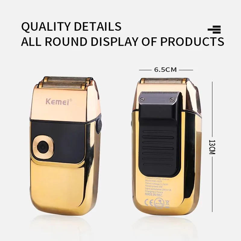 A gold and black electric shaver is shown from the side, highlighting its design details.