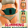 A woman is shown using a green slimming body machine, a multifunctional body massager belt, for abdominal massage.