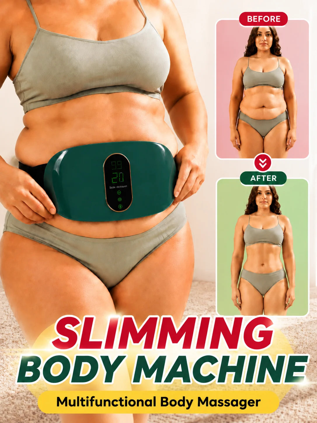 A woman is shown using a green slimming body machine, a multifunctional body massager belt, for abdominal massage.