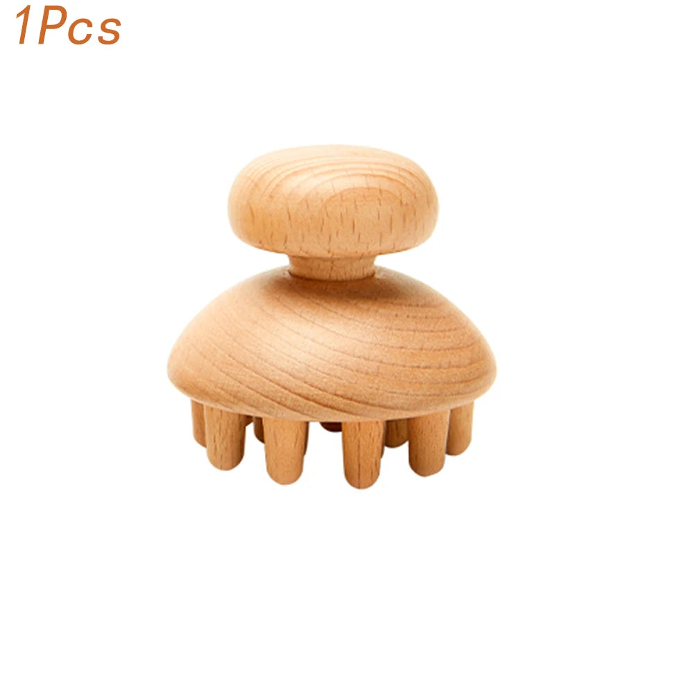 A natural wood gua sha roller tool with a rounded top and multiple protruding points.