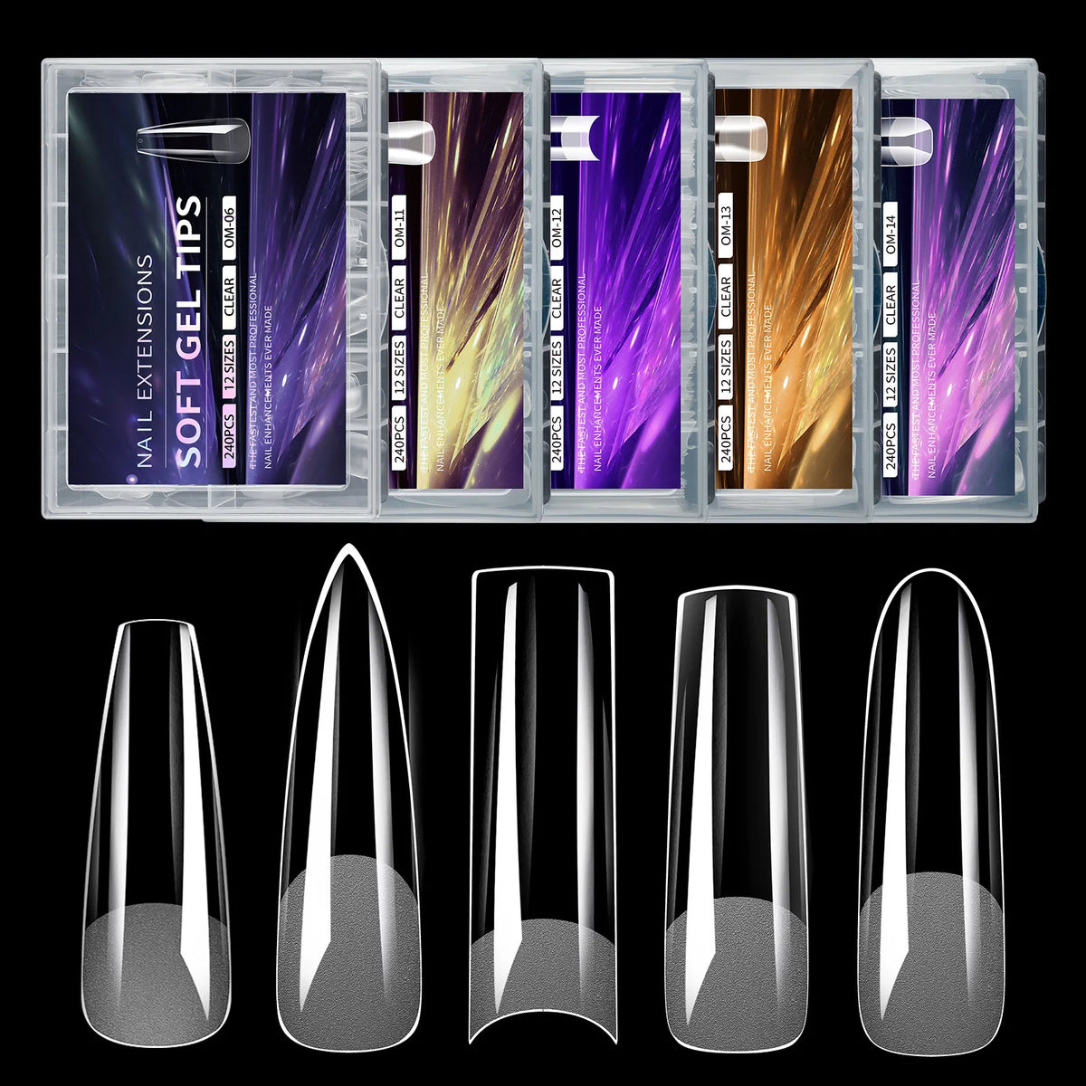 Ein Set von Press-on-Gel-Nägeln in verschiedenen Farben und Stiletto-Formen in einer klaren Hülle.