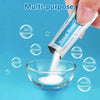 A hand is pouring a white substance from a nasal rinse packet into a glass bowl for nasal cleaning.