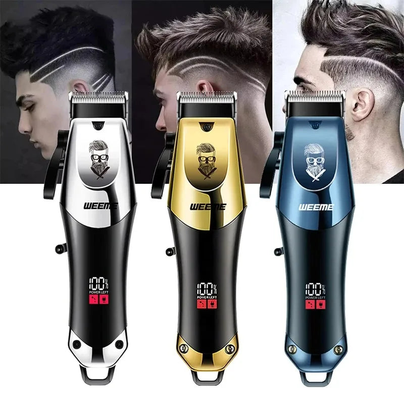 Three versions of a Weeme rechargeable barber kit for hair and beard trimming shown against a dark background.