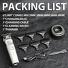 A packing list for a professional electric hair clipper set including a charging base, cable, cleaning brush, trimmer, and mu
