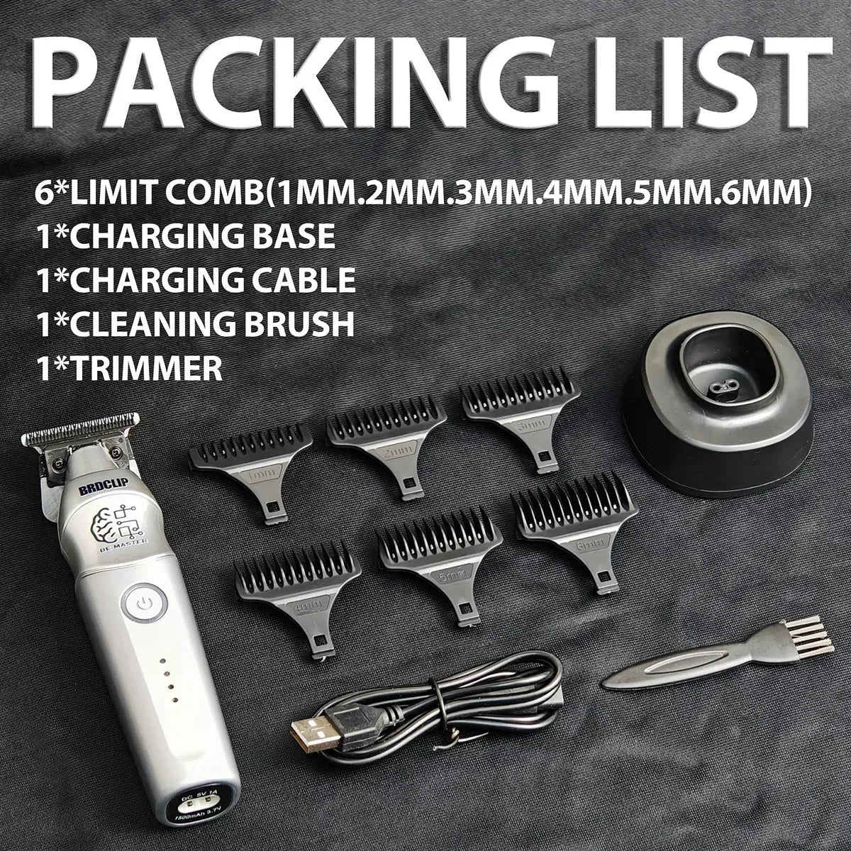A packing list for a professional electric hair clipper set including a charging base, cable, cleaning brush, trimmer, and mu