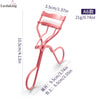 A pink precision eyelash curler tool shown with dimensions and usage instructions.