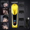A yellow and black professional rechargeable hair clipper grooming kit with various attachments shown in detail.