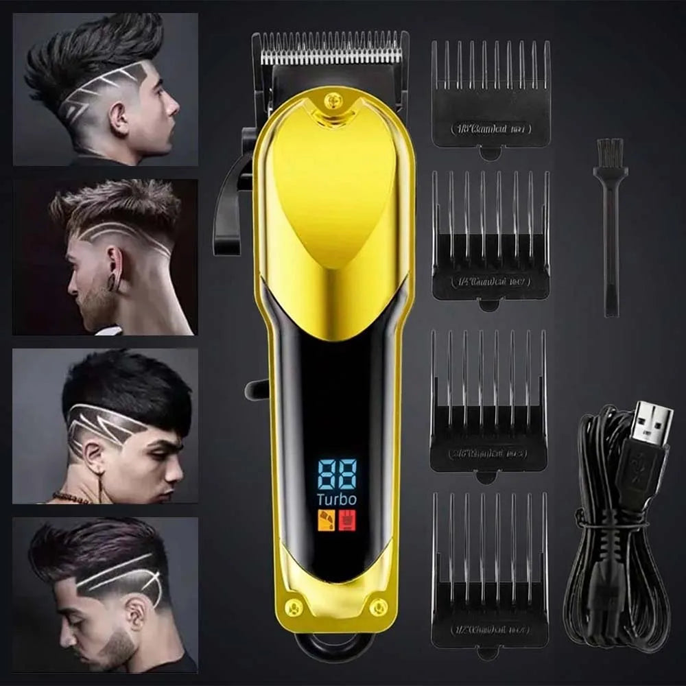 A yellow and black professional rechargeable hair clipper grooming kit with various attachments shown in detail.