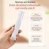 A hand holds a white sonic dermaplaning tool for facial hair and peach fuzz removal, demonstrating its ease of use.