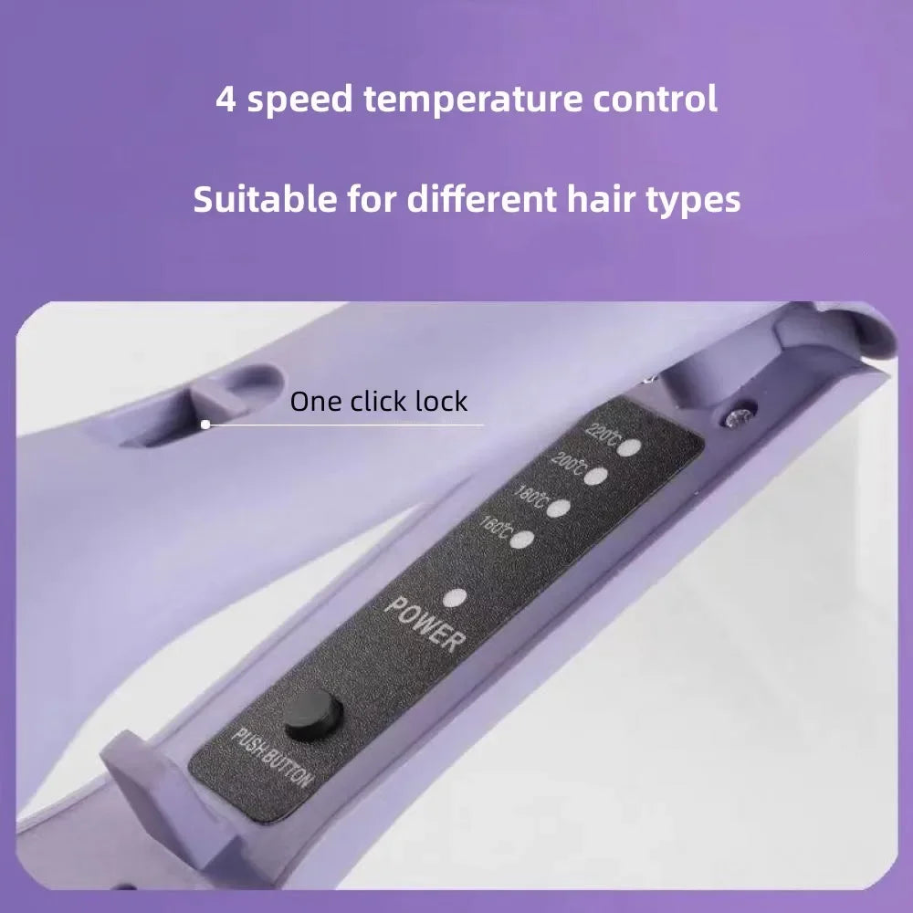 Close-up of a purple ceramic hair curling iron with a power switch and temperature settings visible.