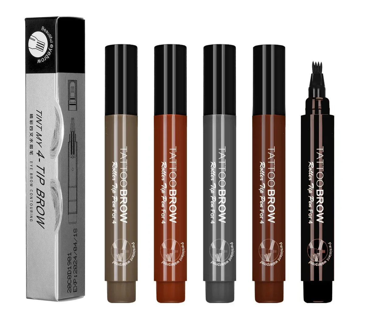A set of four Tint My 4-Tip Brow Tattoo Brow pencils in various shades and packaging.