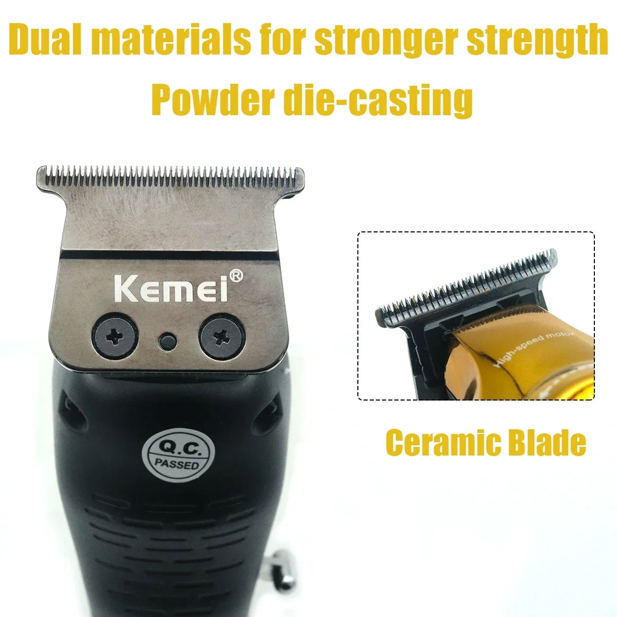 A black hair clipper with a metal and ceramic blade assembly for powder die-casting.