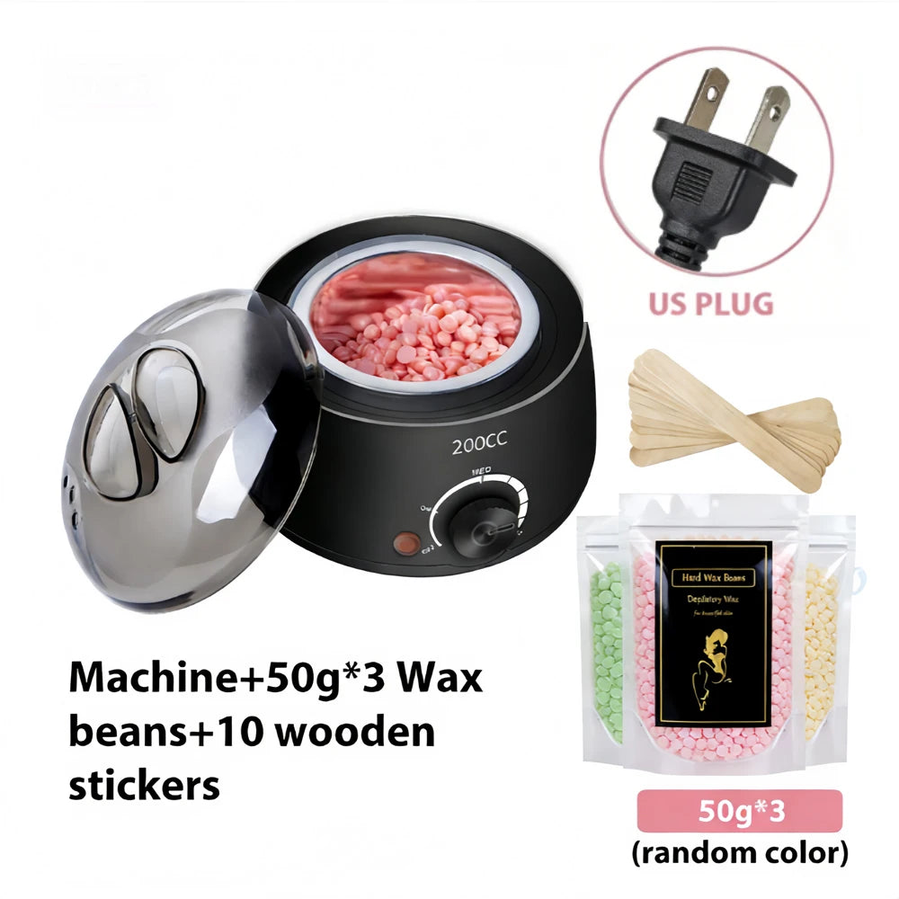 Schwarze Wachs-Heizmaschine mit Glasschale, Wachsbohnen und Holzstickern.