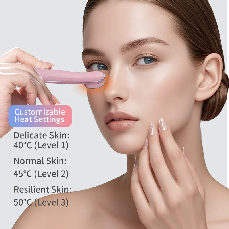 A woman is using a pink eye massager wand on her face to treat skin, with options for delicate, normal, and resilient skin le
