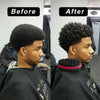 Before and after comparison of men's afro hair styling using a twist comb, curling sponge, and styling gloves