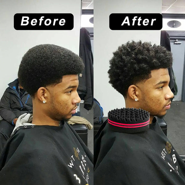 Before and after comparison of men's afro hair styling using a twist comb, curling sponge, and styling gloves