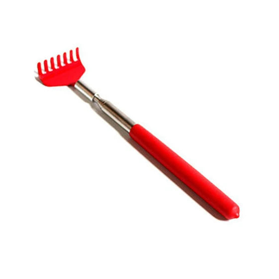 A red stainless steel telescopic back scratcher with a retractable handle.