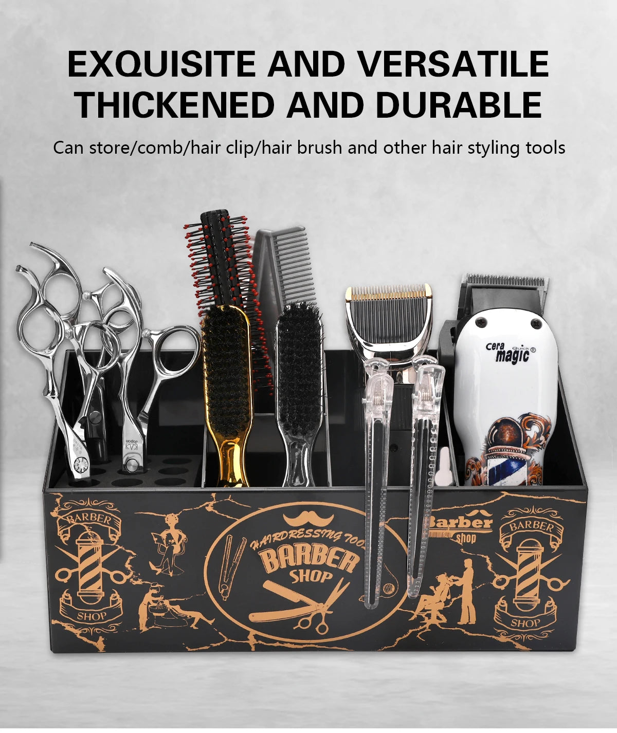 A black dressing tool case holds various hairdressing tools including scissors, combs, brushes, and clips.