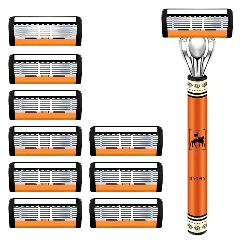 A set of five orange and black multi-blade safety razors with silver handles.