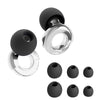 Un set de bouchons d'oreille en silicone noir et argent réduisant le bruit, présentés sous différentes formes.